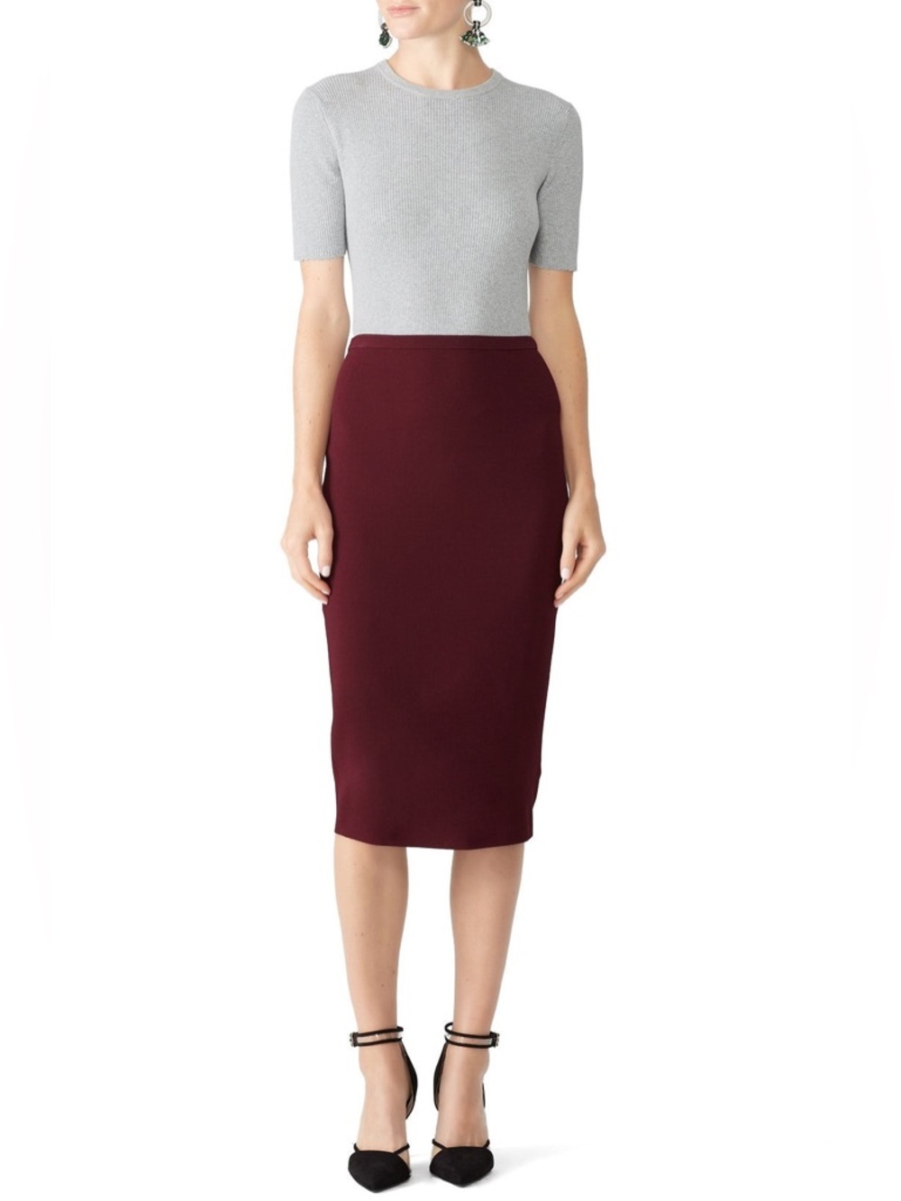 Diane von Furstenberg Burgundy Midi Pencil Skirt Classic High-Waist Knit Medium